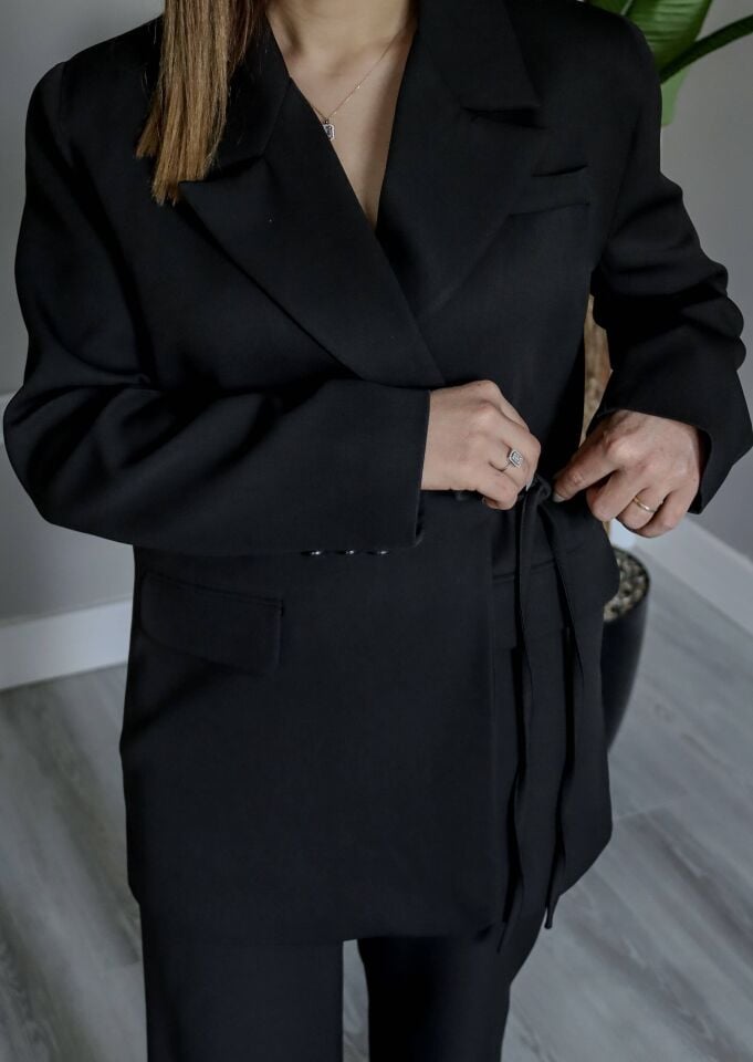 Siyah Marka Model Yandan Bağlamalı Blazer Ceket Pantolon Takım