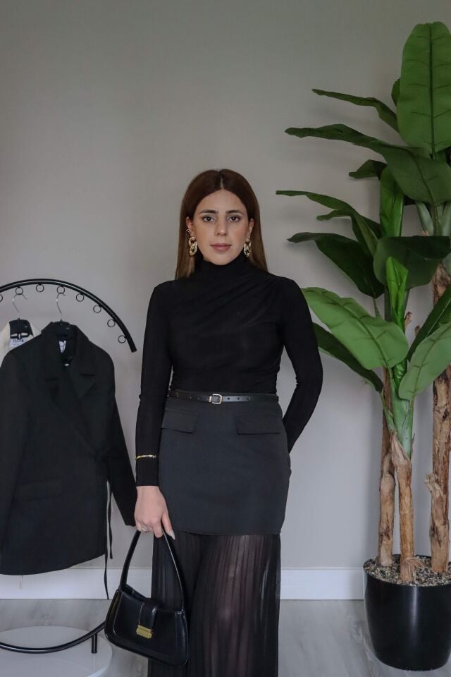 Siyah Yüksek Bel Piliseli Etek