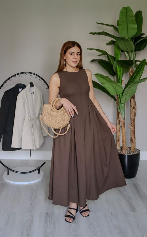 Çikolata Kahve Kolsuz A-Kesim Midi Elbise