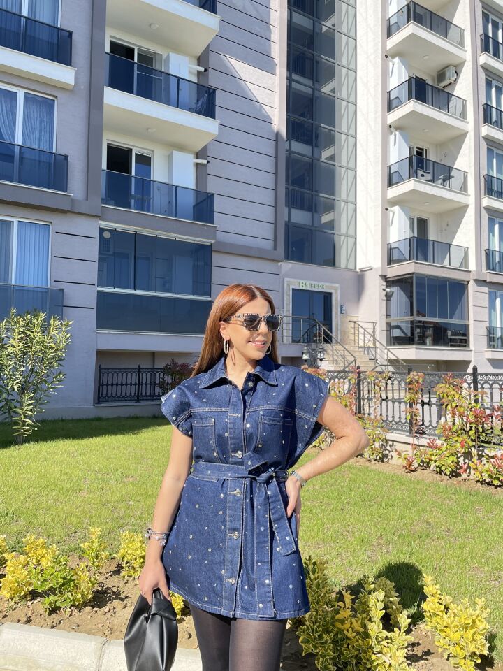 Luna Taş Detaylı Kemerli Denim Yelek