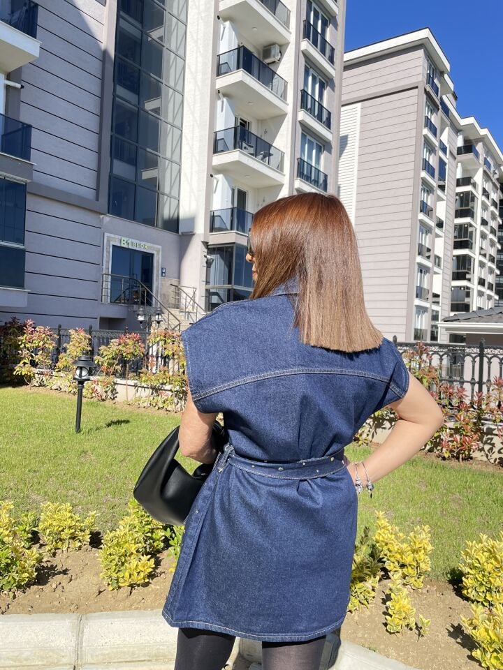 Luna Taş Detaylı Kemerli Denim Yelek