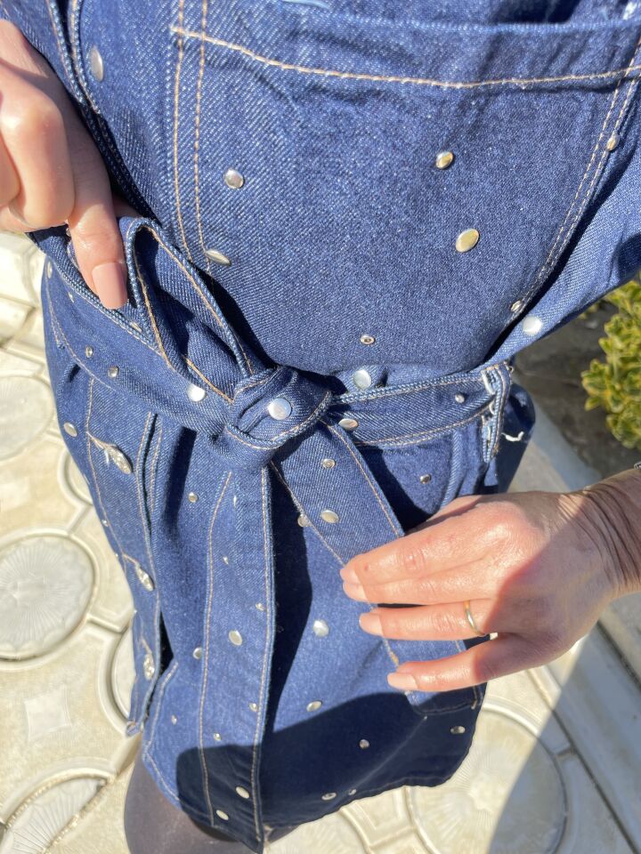Luna Taş Detaylı Kemerli Denim Yelek