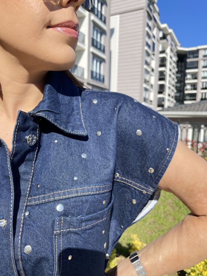 Luna Taş Detaylı Kemerli Denim Yelek
