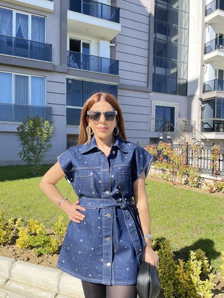 Luna Taş Detaylı Kemerli Denim Yelek