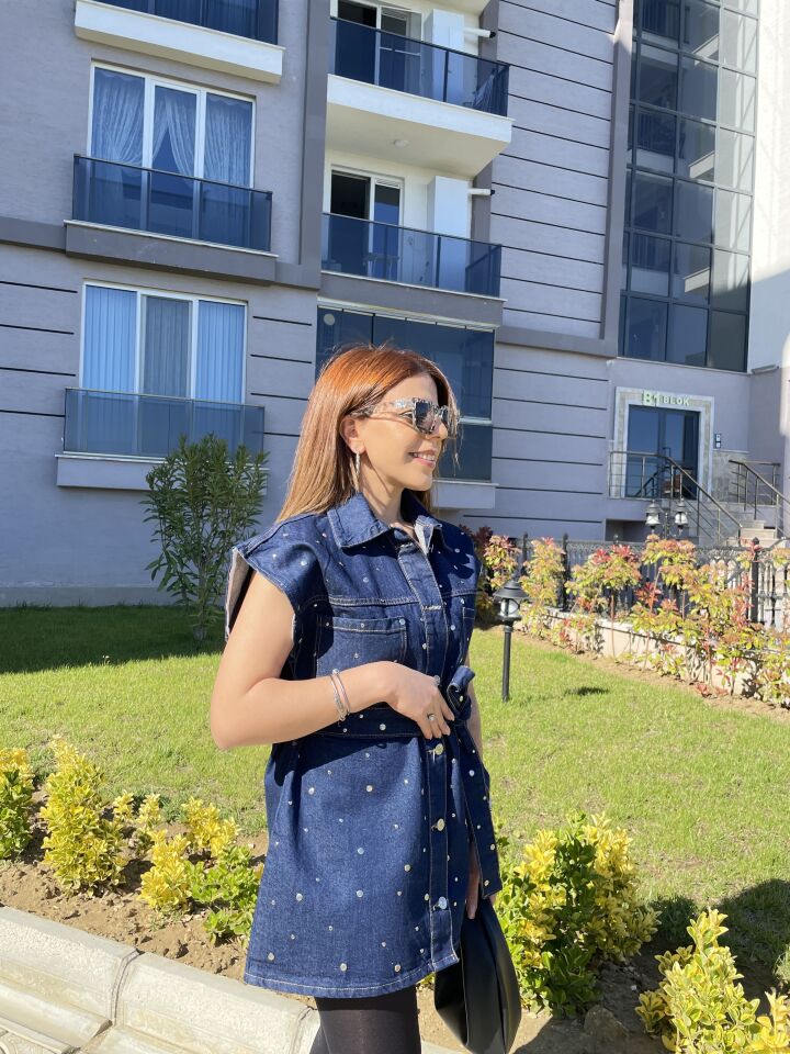 Luna Taş Detaylı Kemerli Denim Yelek