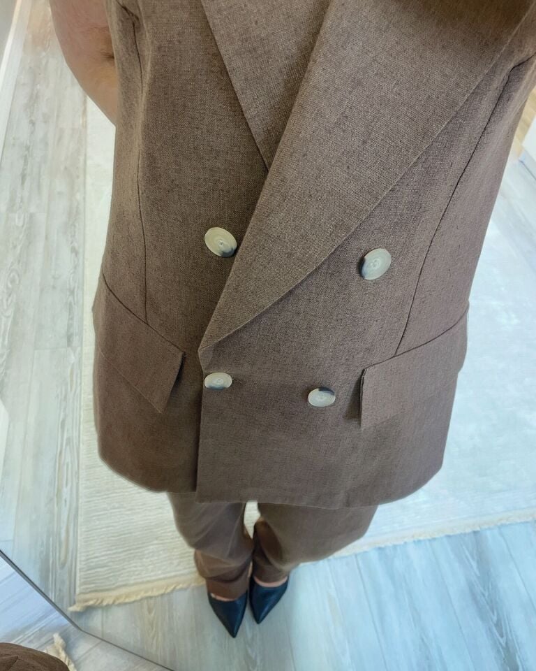 Çift Düğmeli Oversize Kahverengi Ham Keten Takım