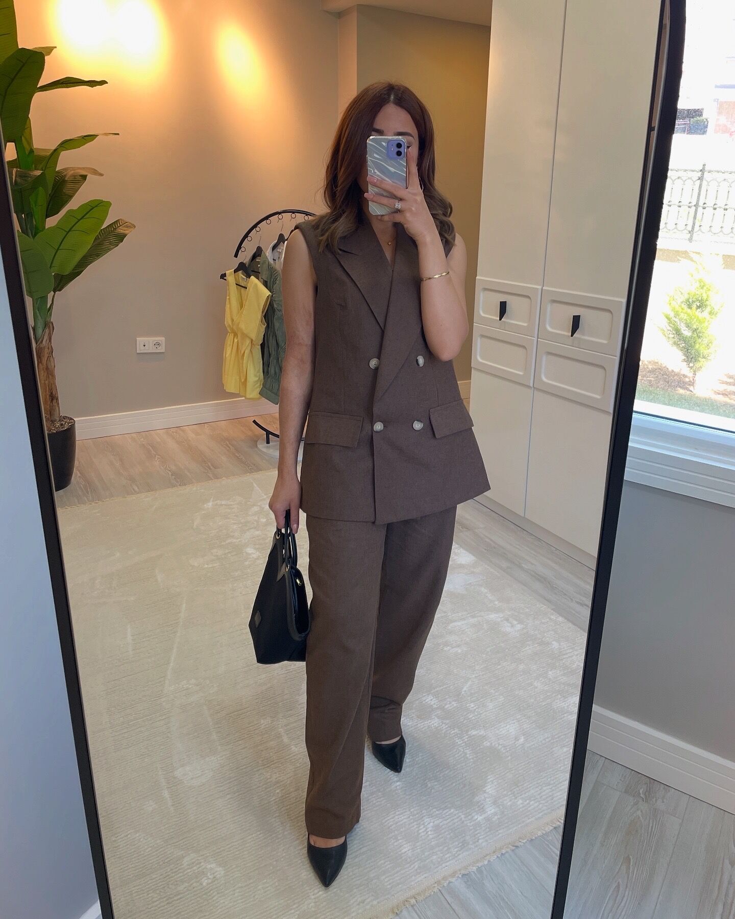 Çift Düğmeli Oversize Kahverengi Ham Keten Takım