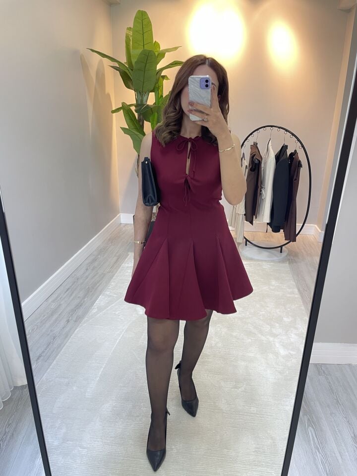 Bordo ZR Marka İp Detaylı Şık Mini Elbise
