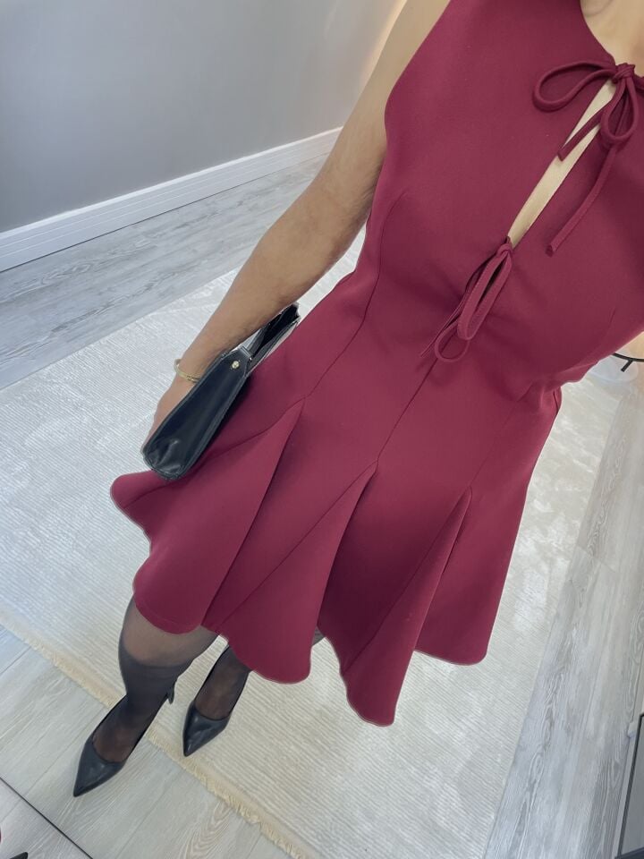 Bordo ZR Marka İp Detaylı Şık Mini Elbise