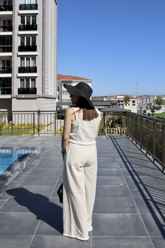 Doğal Keten Paçası Tüylü İkili Takım