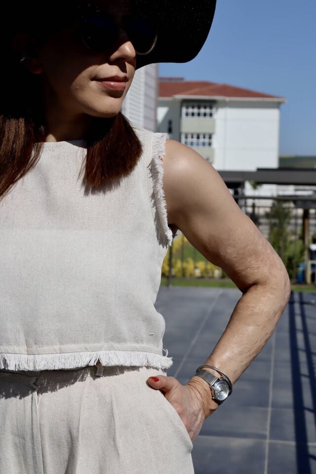 Doğal Keten Paçası Tüylü İkili Takım