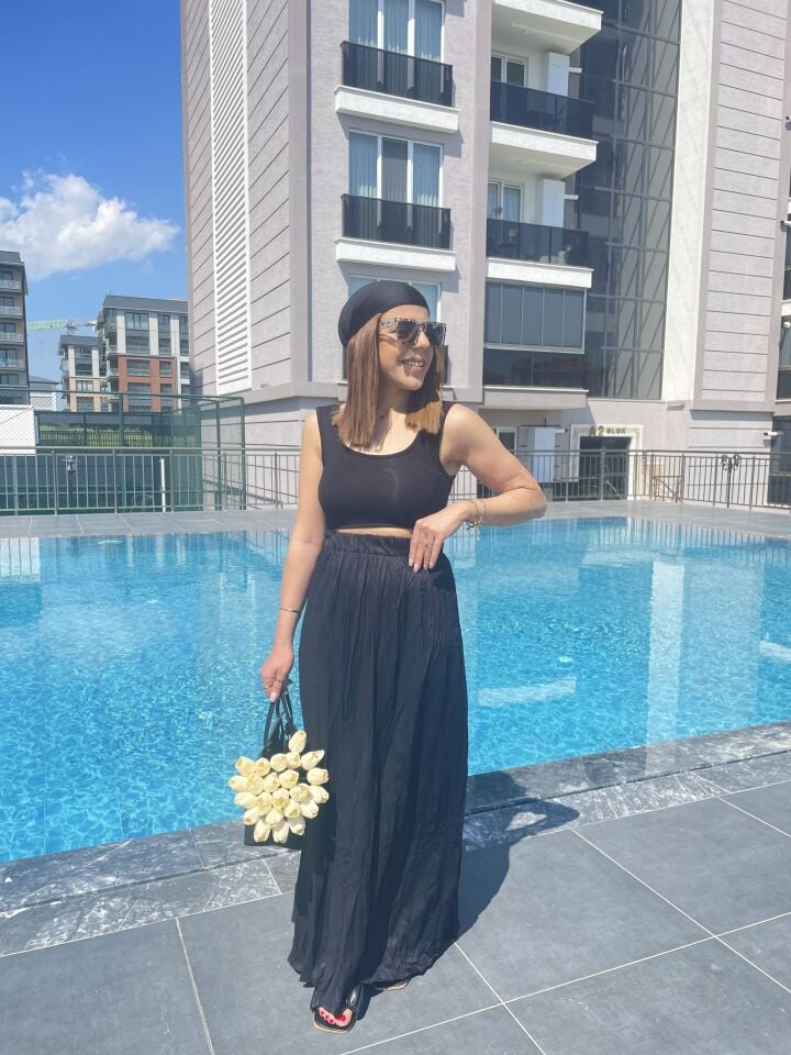 Yüksek Bel Siyah Kırışık Detaylı Yaz Eteği