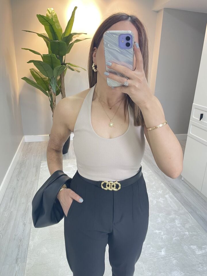 Antorium Halter Yaka Bluz / Siyah - Bej