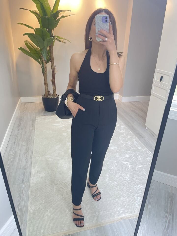 Antorium Halter Yaka Bluz / Siyah - Bej